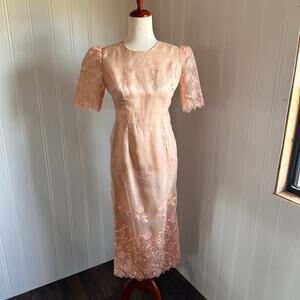 Vintage 90s Peach Floral Midi Dress XS